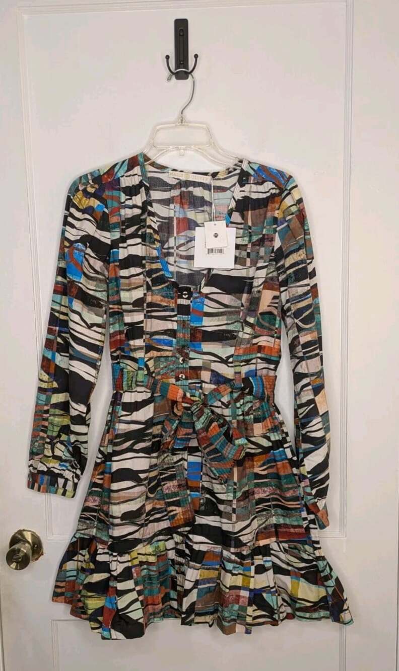 Marie Oliver 'Dedra' Multicolor Prism Printed Belted Ruffle Hem Shirt Dress Sz 8